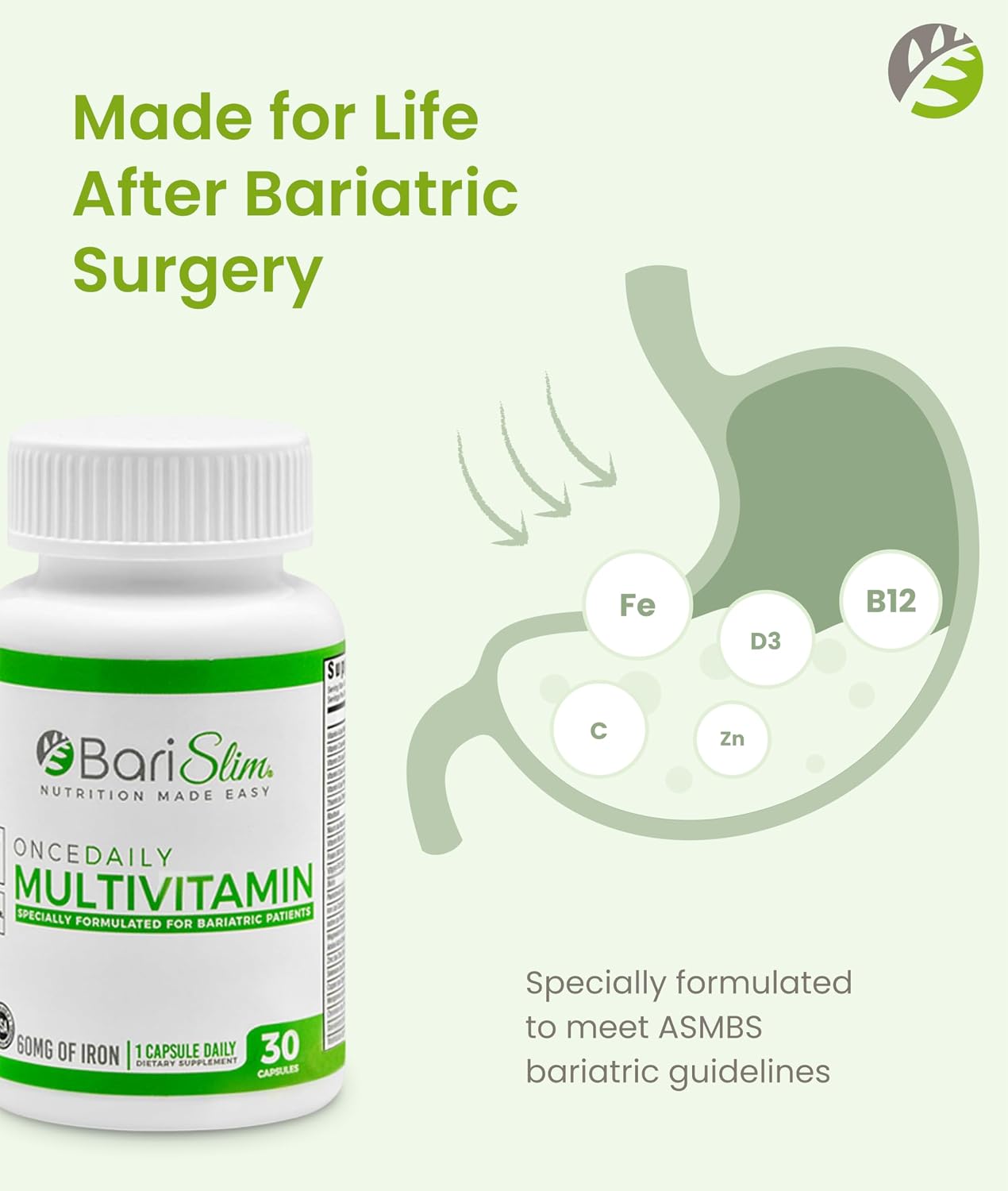 BariSlim Once Daily Multivitamínico Bariátrico con Hierro - 60mg de Hierro - 30 Cápsulas