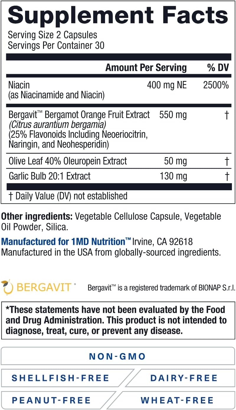 1MD Nutrition CholestMD con Extracto de Hoja de Olivo, Bergavit, Niacina, Ajo - 120 Cápsulas (2 Envases)