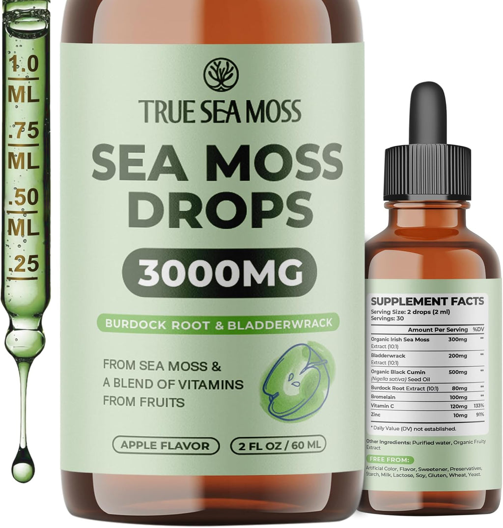 TrueSeaMoss Irish Sea Moss Gotas Líquidas – Aceite de Semilla Negra, Extracto de Bladderwrack, Raíz de Bardana, Vitamina C y Zinc – Sabor Manzana – 30 Dosis