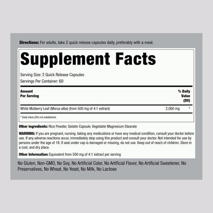 Cápsulas de Extracto de Hoja de Morera de Piping Rock | 120 Unidades | Suplemento Herbal | No-GMO, Sin Gluten – Image 2