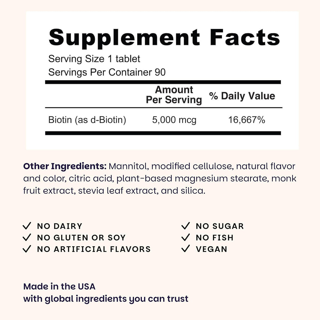 EZ Melts Biotina 5000 mcg - Comprimidos bucodispersables de biotina para cabello, piel y uñas - 90 comprimidos
