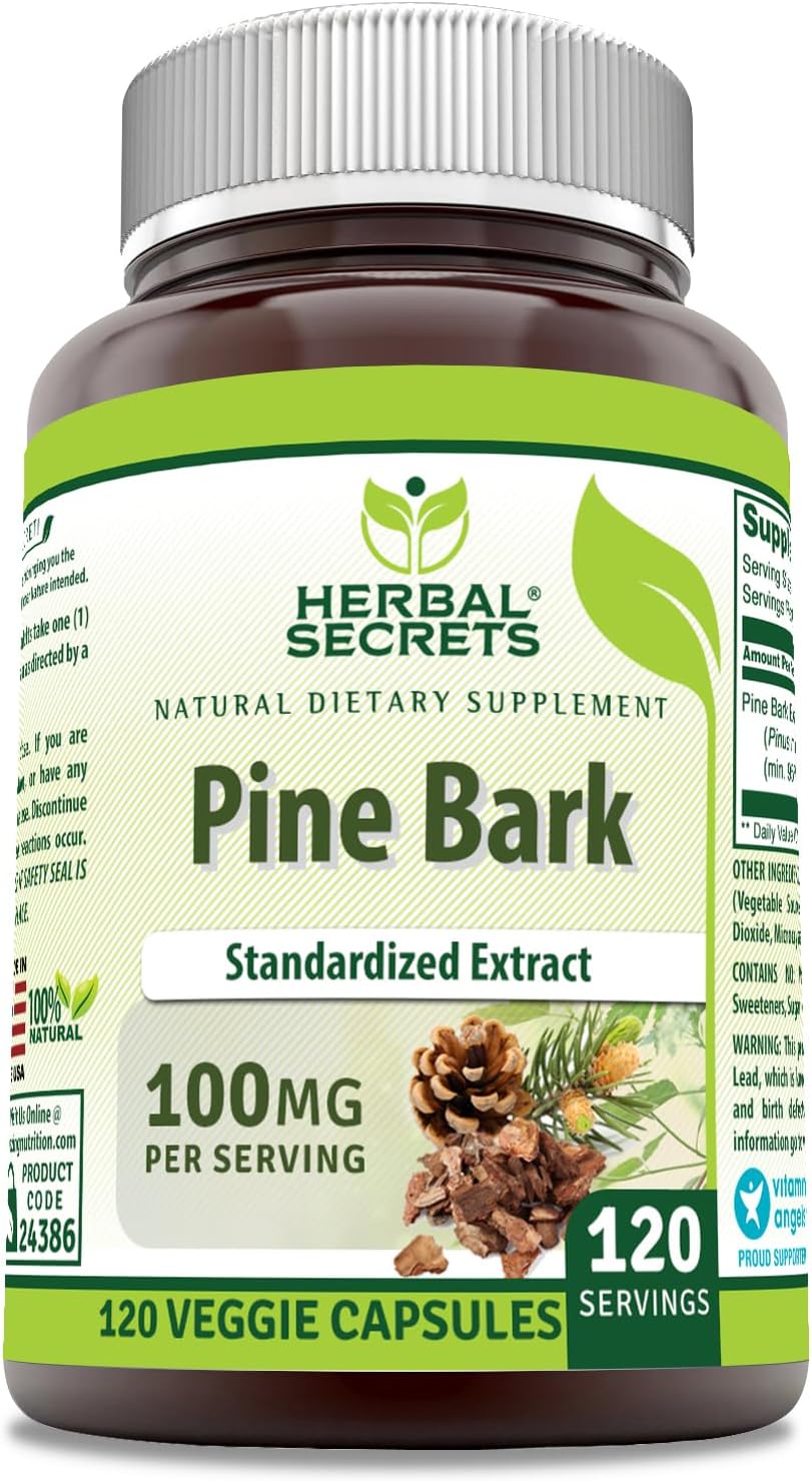Herbal Secrets Extracto de Corteza de Pino | 100 mg por ración | 120 Cápsulas Vegetales | No-GMO | Sin Gluten | Fabricado en EE. UU.