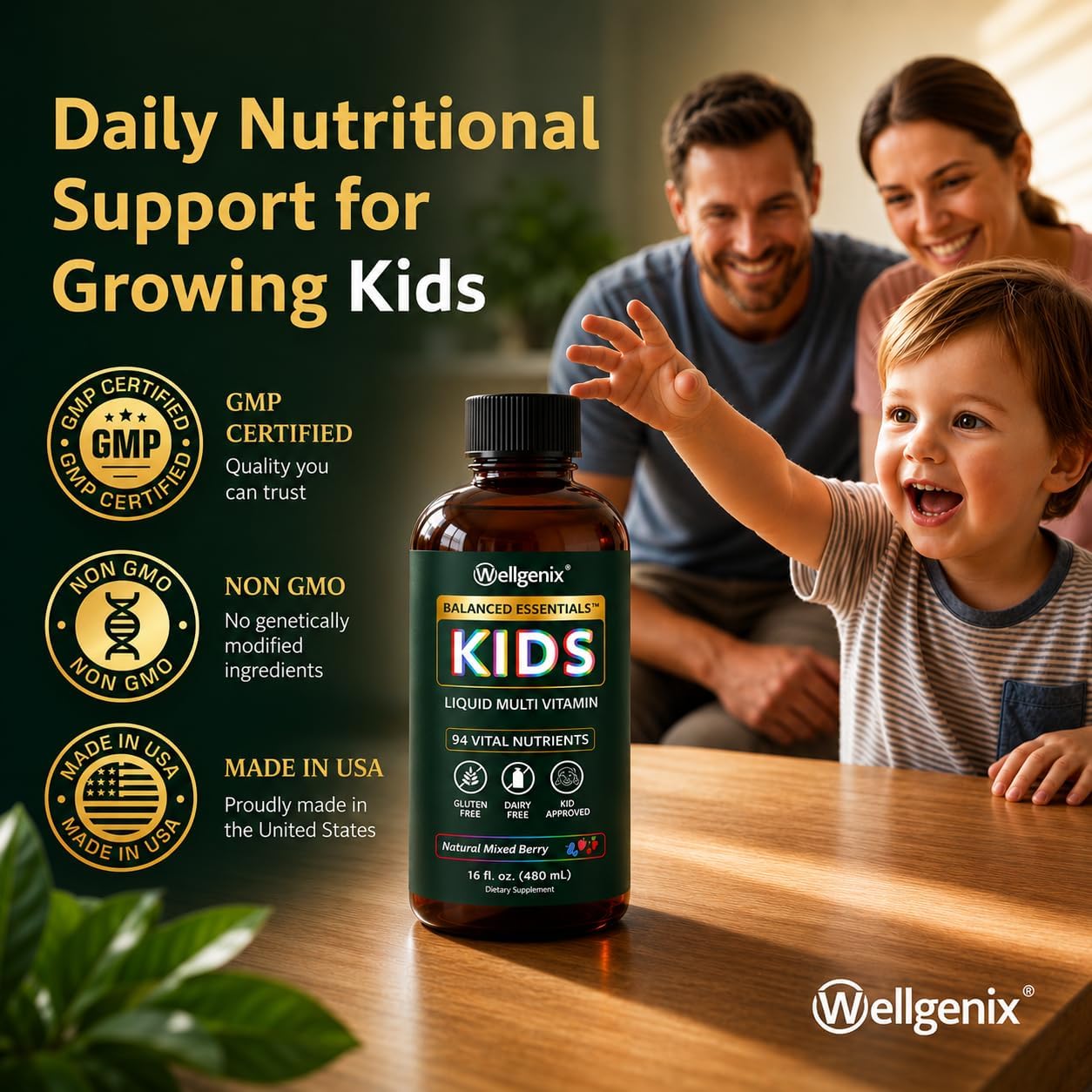 Wellgenix Balanced Essentials Kids Liquid Multivitamin - Multivitamínico Líquido Infantil con 94 Nutrientes, 473 ml
