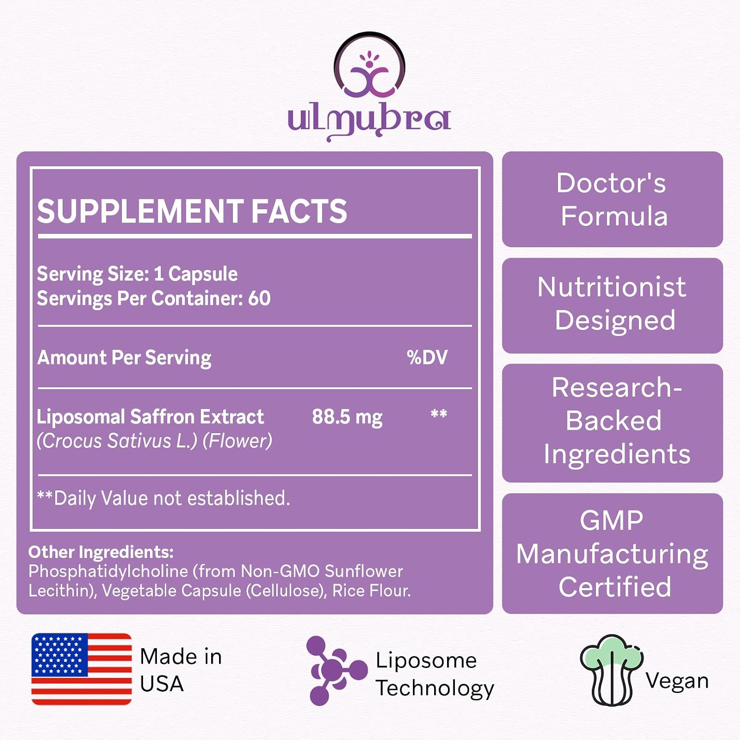 Ulmubra Suplemento de Azafrán Liposomal 88,5 mg – Máxima Absorción, 120 Cápsulas Veganas