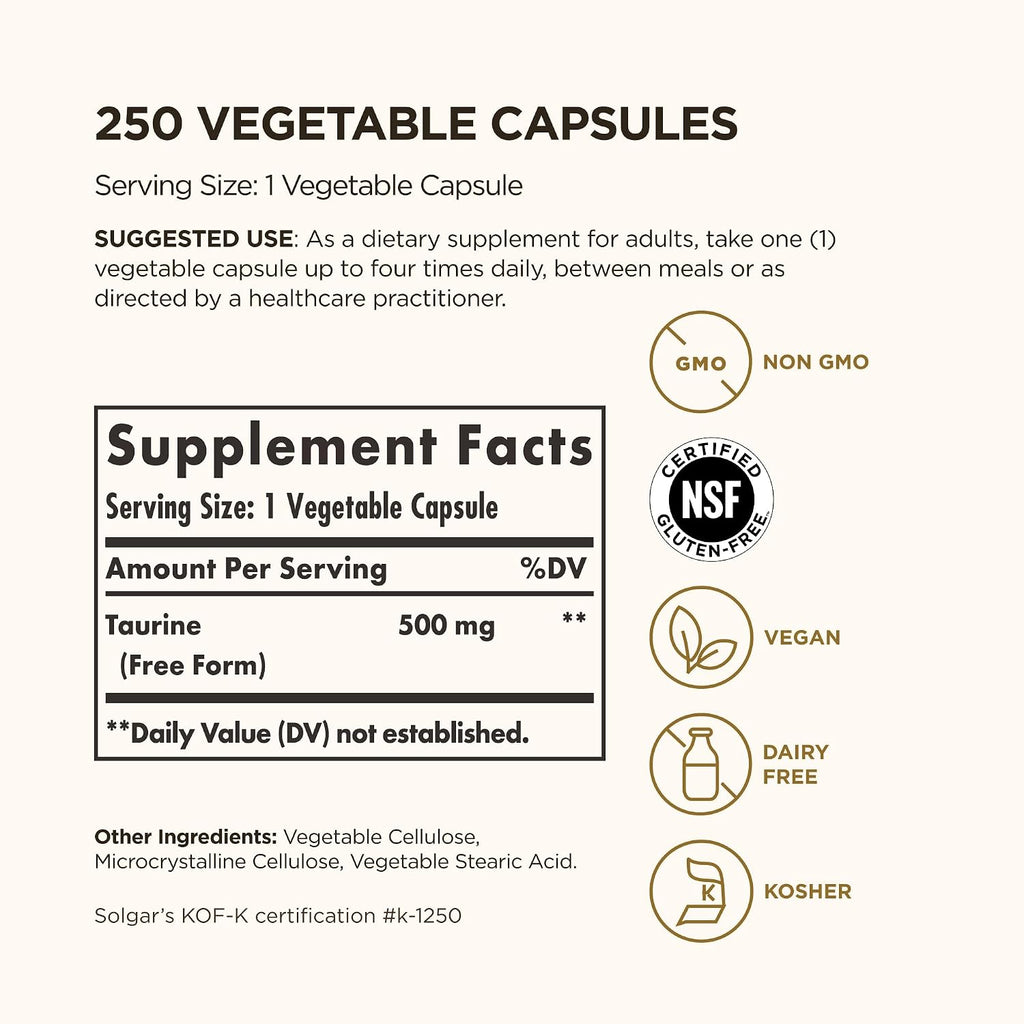 Solgar Taurina 500 mg - 250 Cápsulas Vegetales