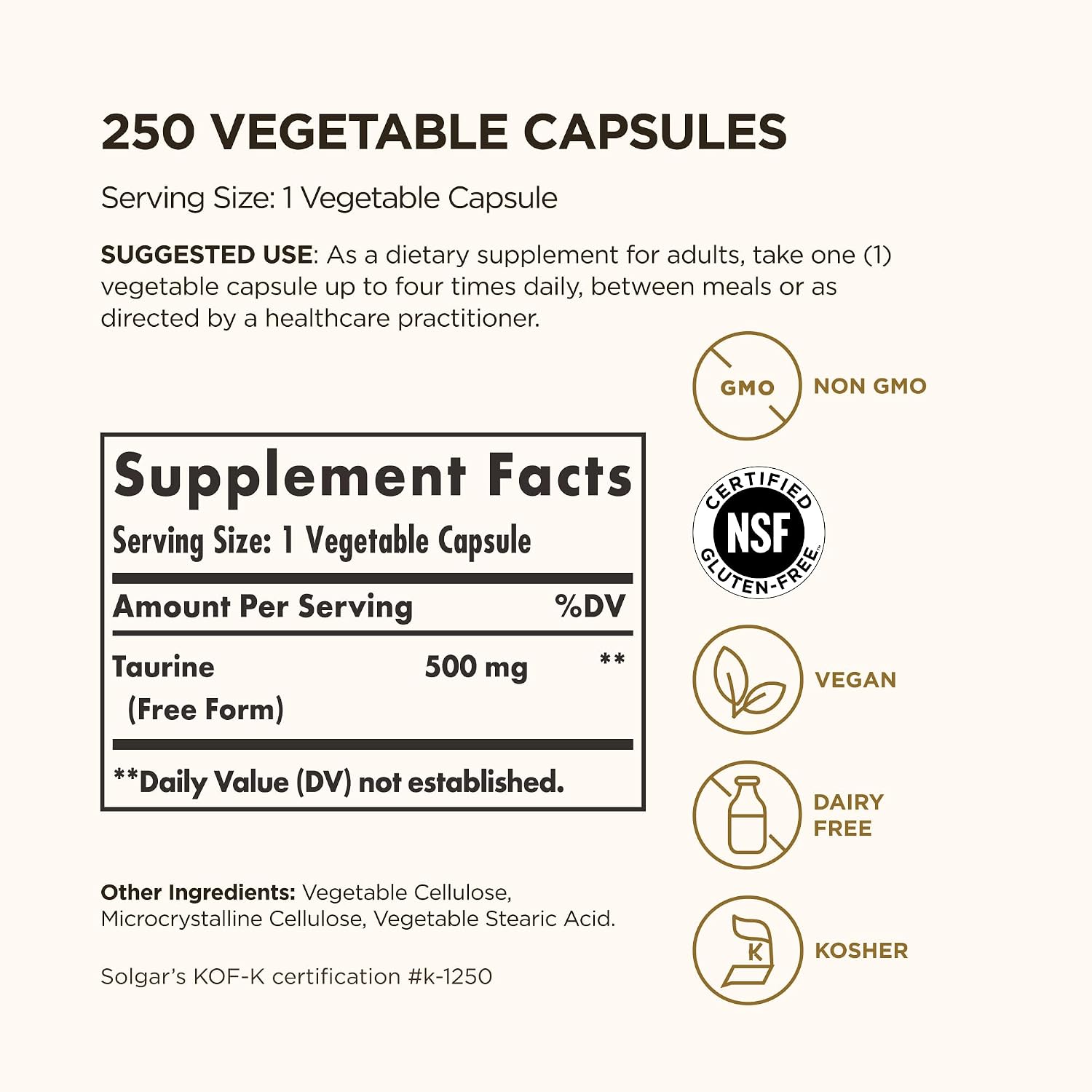 Solgar Taurina 500 mg - 250 Cápsulas Vegetales