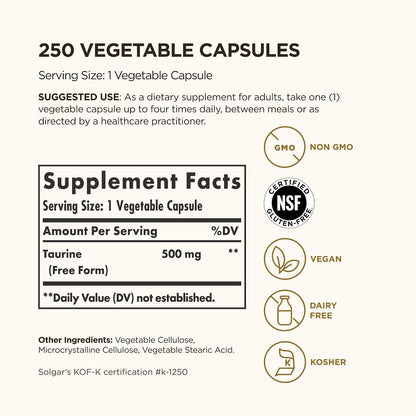 Solgar Taurina 500 mg - 250 Cápsulas Vegetales – Image 2