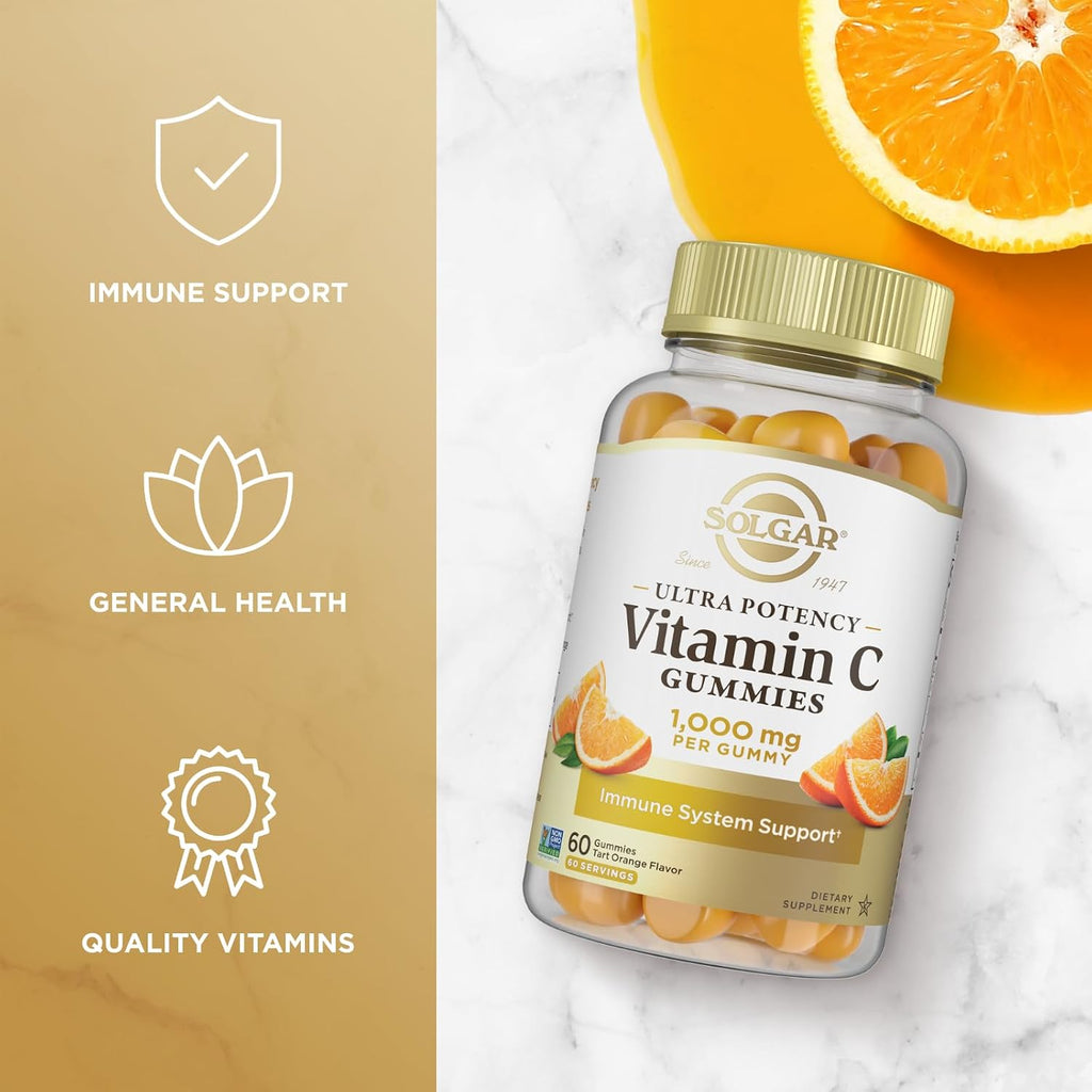Solgar Vitamina C Gominolas 1000 mg para Adultos - Sabor Naranja Ácida, Vegano y Sin Gluten, 60 Gominolas (2 Meses)