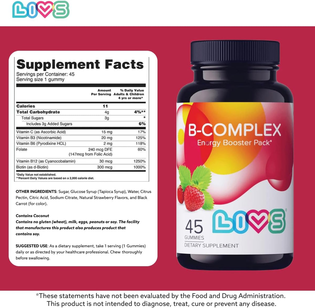 LIVS Complejo B Gummies con B12, Biotina, B3, B6 y Vitamina C para Niños y Adultos – Sabor Fresa (45 unidades)
