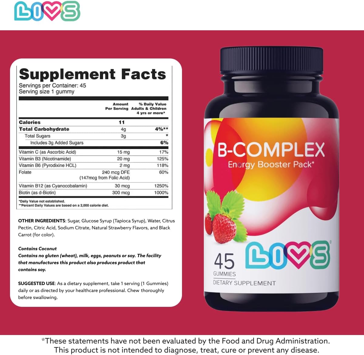 LIVS Complejo B Gummies con B12, Biotina, B3, B6 y Vitamina C para Niños y Adultos – Sabor Fresa (45 unidades)