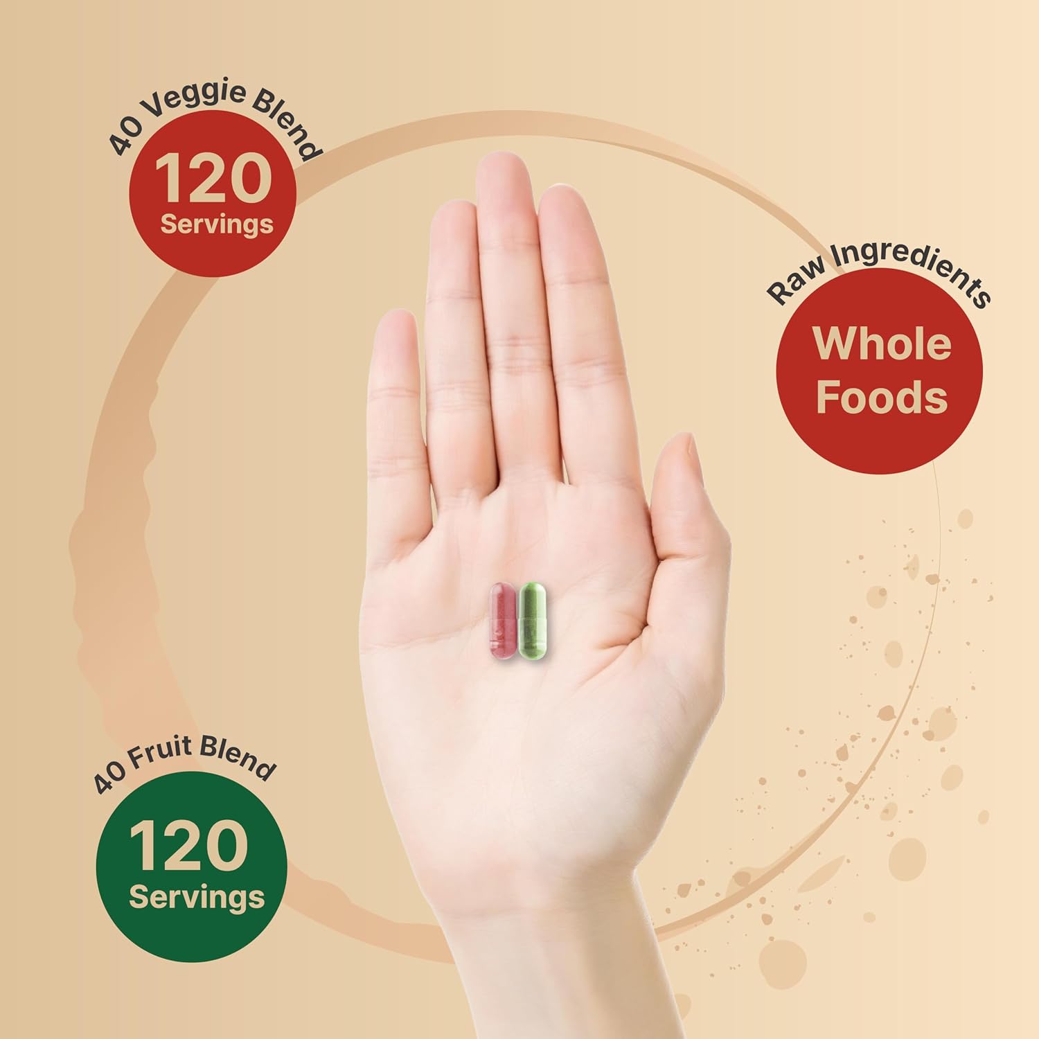 Fruit and Veggies Supplement – 480 Cápsulas Vegetarianas | Mezcla de 40 Frutas y Verduras Enteras | Fórmula Superfood Natural con Vitaminas y Minerales – No Transgénico