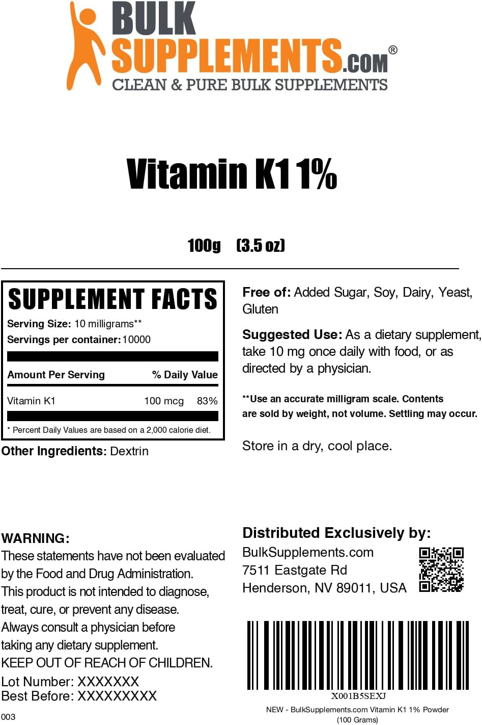 BulkSupplements Vitamina K1 en Polvo – Suplemento de Filoqinona, 100g