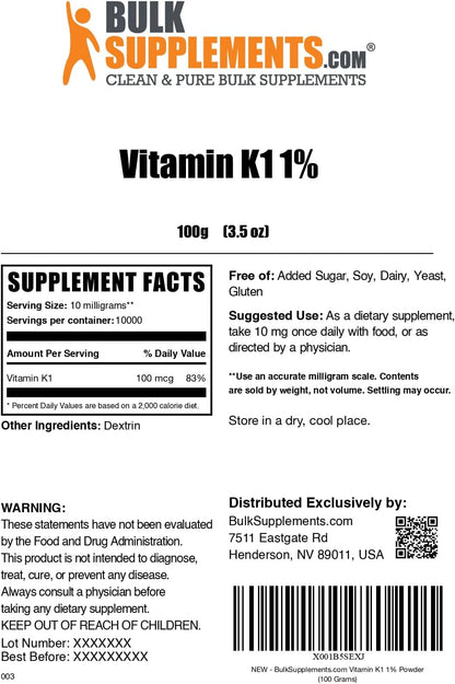 BulkSupplements Vitamina K1 en Polvo – Suplemento de Filoqinona, 100g – Image 6