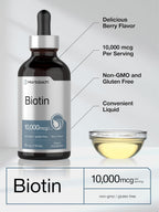 Horbäach Biotin Liquid Drops 10000mcg | 118 ml | Sabor Berry | Vegetariano, No-GMO y Sin Gluten