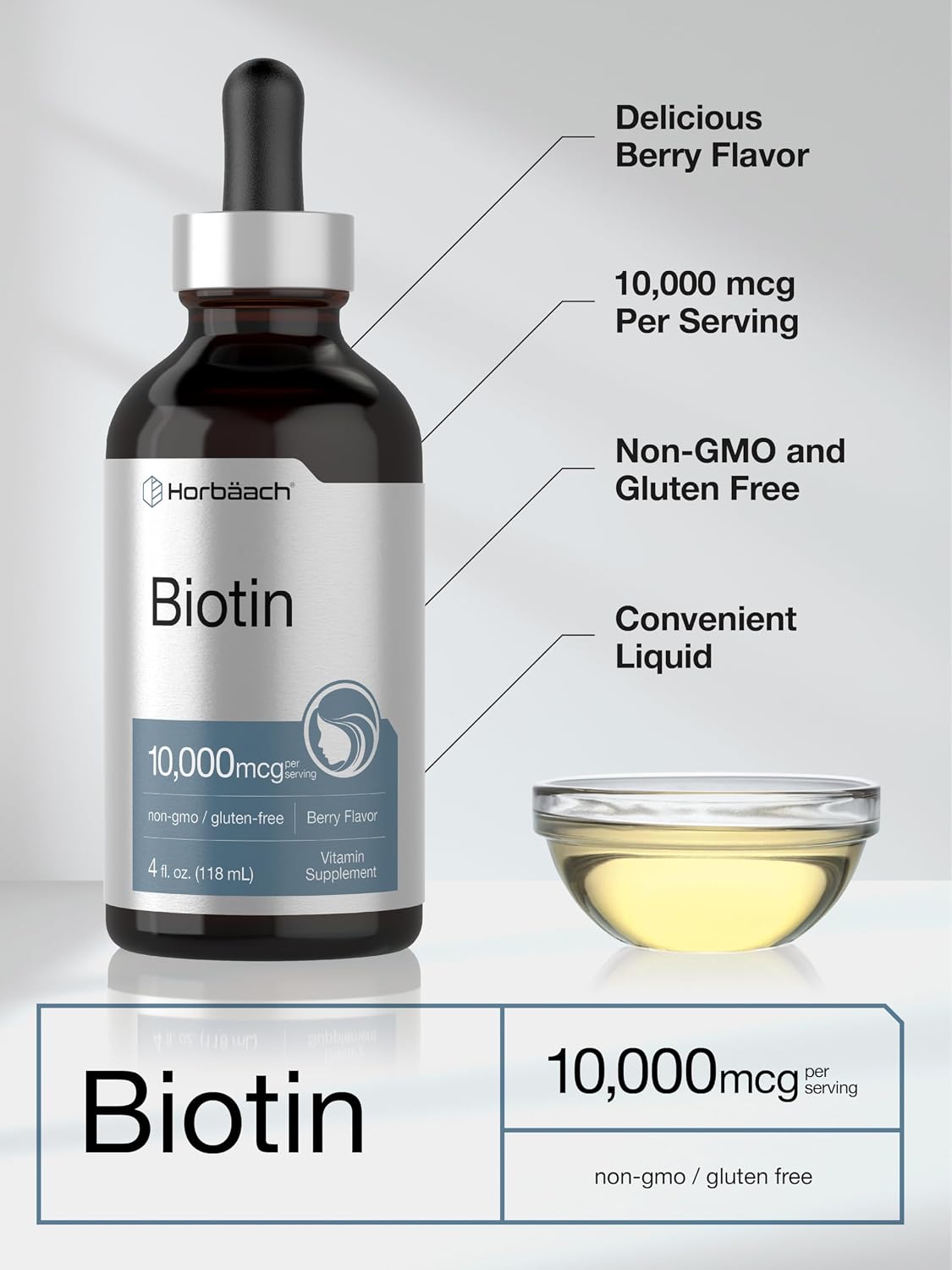 Horbäach Biotin Liquid Drops 10000mcg | 118 ml | Sabor Berry | Vegetariano, No-GMO y Sin Gluten
