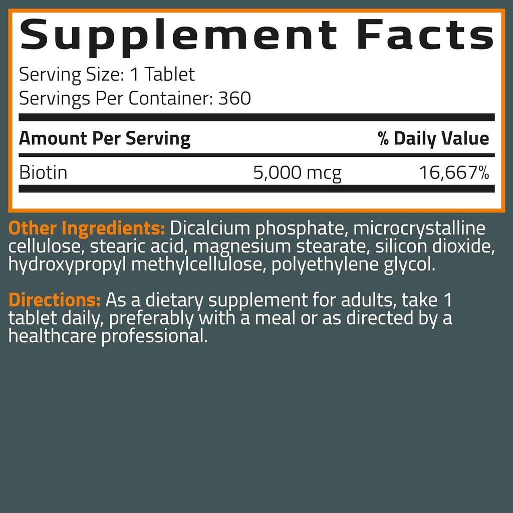Bronson Biotina 5000 mcg - 360 Comprimidos Vegetarianos - Apoyo para Cabello, Piel y Uñas