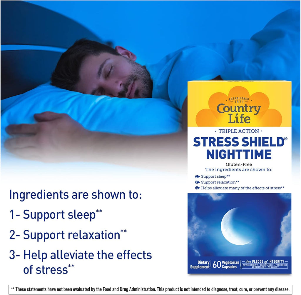 Country Life Stress Shield Nighttime – Suplemento para el Estrés y la Relajación – Sensoril® Ashwagandha, GABA y L-Teanina – Magnesio y Vitamina B5 – Sin Gluten, Vegano – 60 Cápsulas Vegetales