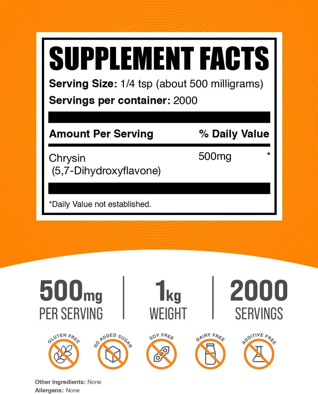BulkSupplements Crisina en polvo - 5,7-Dihydroxyflavona, Suplemento antioxidante - 500mg por ración, 1 kg (2.2 lb)