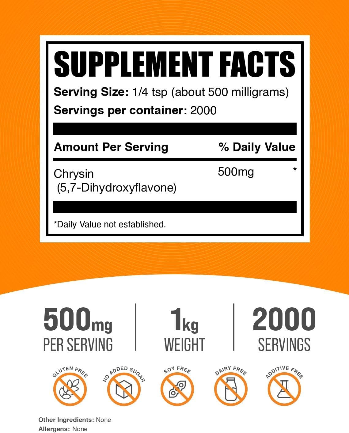 BulkSupplements Crisina en polvo - 5,7-Dihydroxyflavona, Suplemento antioxidante - 500mg por ración, 1 kg (2.2 lb)