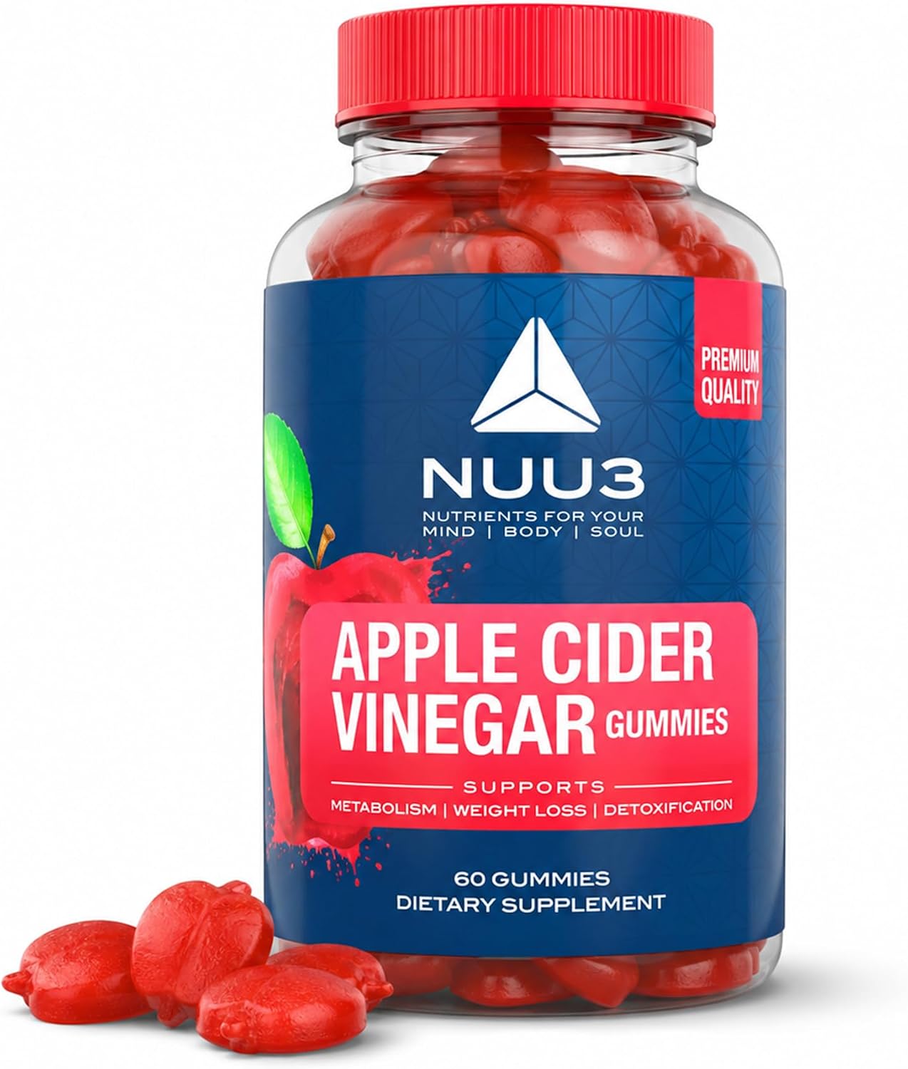 Gominolas de Vinagre de Manzana NUU3 con Folato, Yodo, Granada, Remolacha, Vitaminas B6 y B12 - 60 Unidades