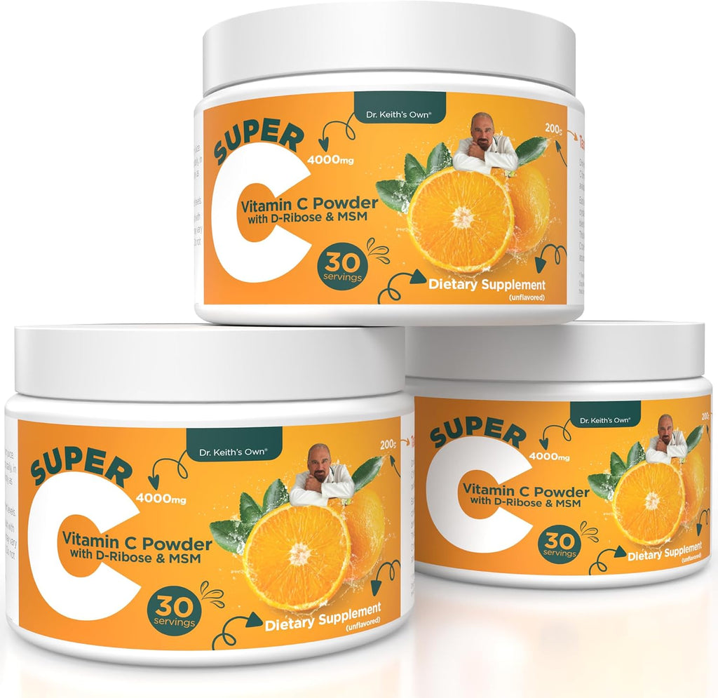 Dr. Keith's Own Super C - Vitamina C en Polvo Alta Dosis 4000mg con D-Ribosa, Glicina y MSM - Sin Sabor, 200 Gramos (30 Dosis)