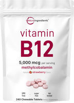 Micro Ingredients Vitamina B12 5000 mcg Metilcobalamina – 240 Comprimidos Masticables Sabor Fresa