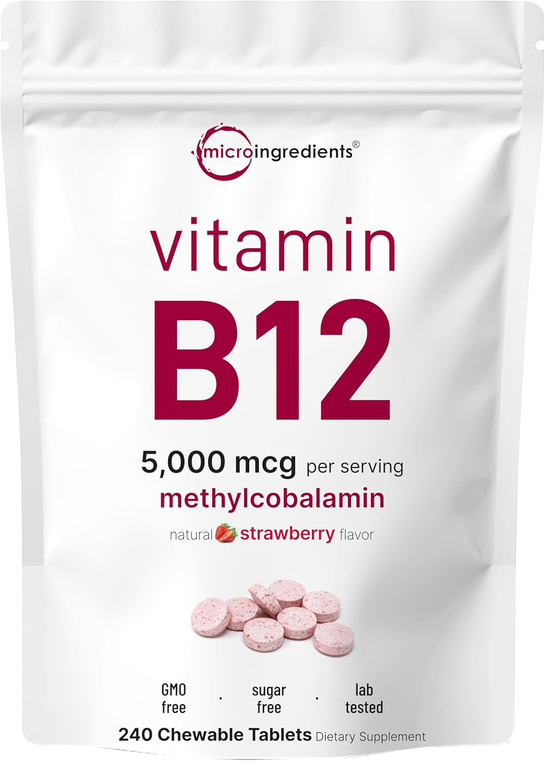 Micro Ingredients Vitamina B12 5000 mcg Metilcobalamina – 240 Comprimidos Masticables Sabor Fresa