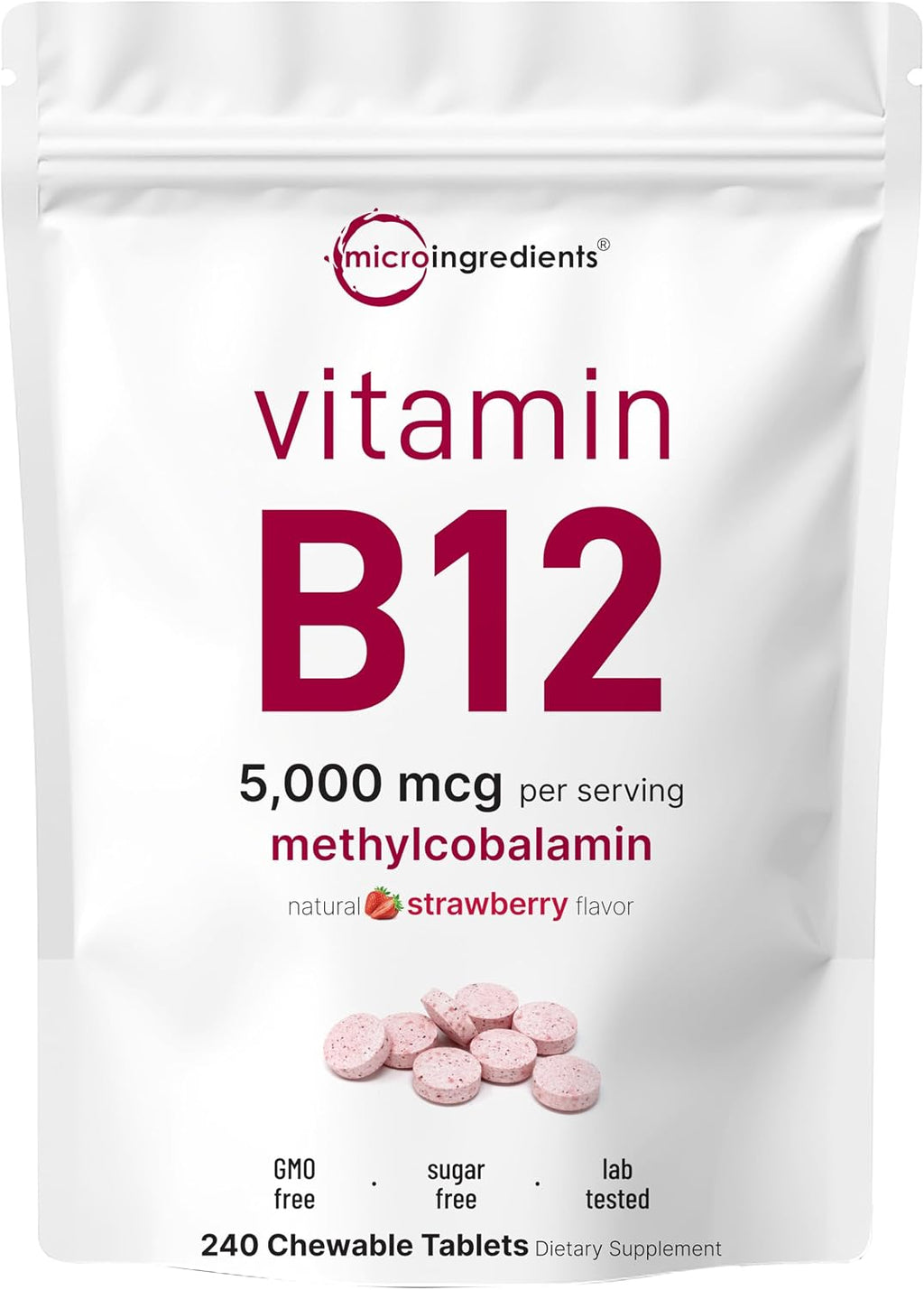 Micro Ingredients Vitamina B12 5.000 mcg | Metilcobalamina – 240 Comprimidos Masticables | Disolución Rápida, Sabor Natural a Fresa | Vegano, No GMO, Sin Gluten