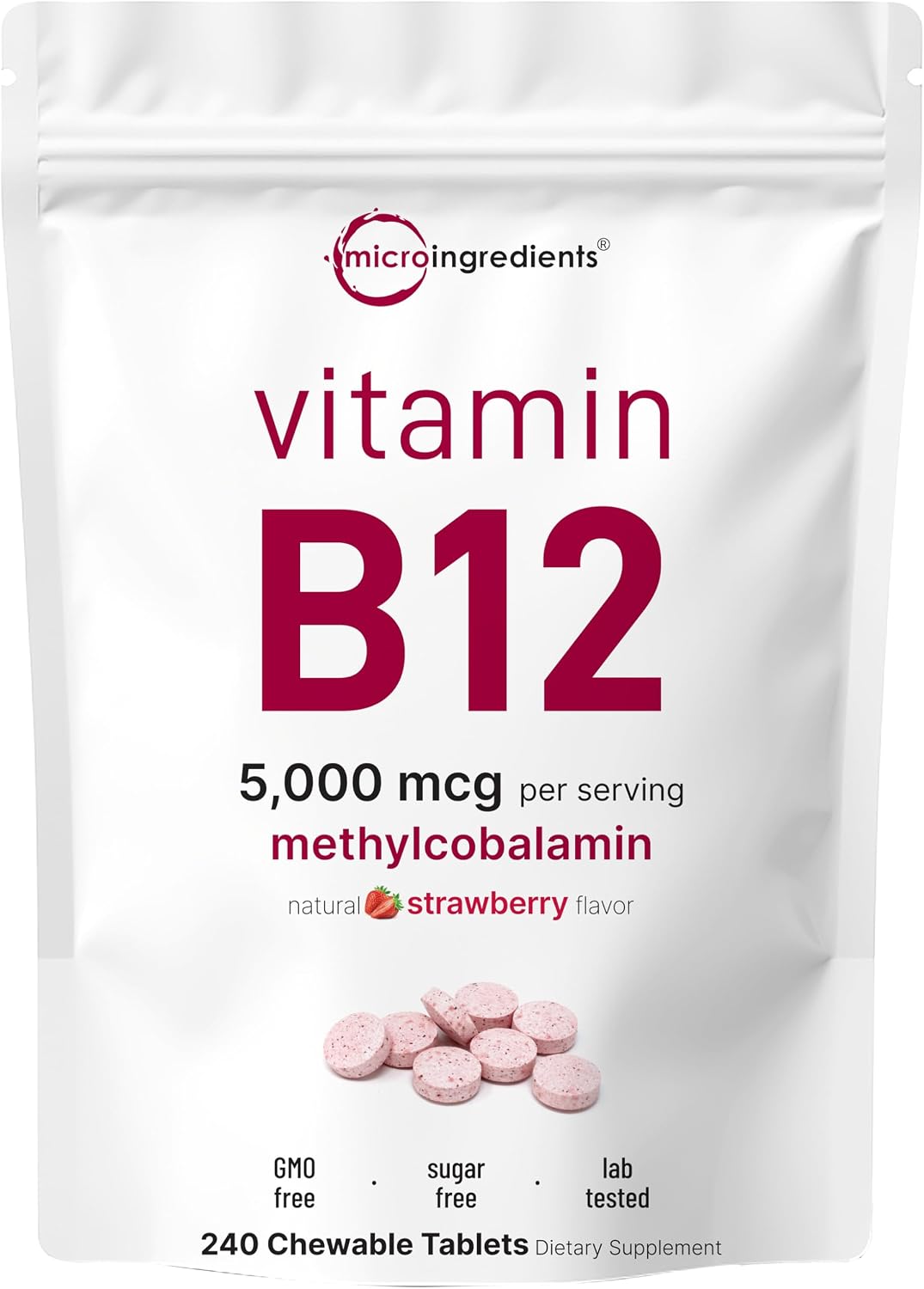 Micro Ingredients Vitamina B12 5.000 mcg | Metilcobalamina – 240 Comprimidos Masticables | Disolución Rápida, Sabor Natural a Fresa | Vegano, No GMO, Sin Gluten