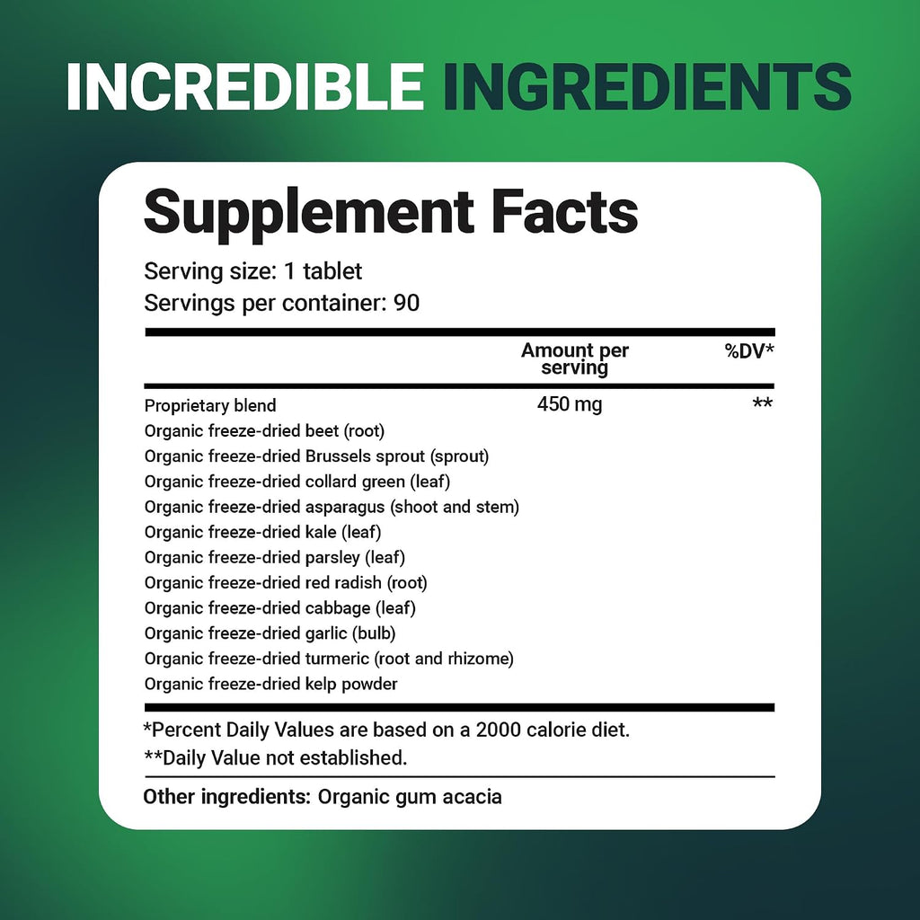 Dr. Berg's Greens Superfood - Comprimidos de Vegetales Crucíferos con 11 Fitonutrientes Orgánicos - 90 Comprimidos