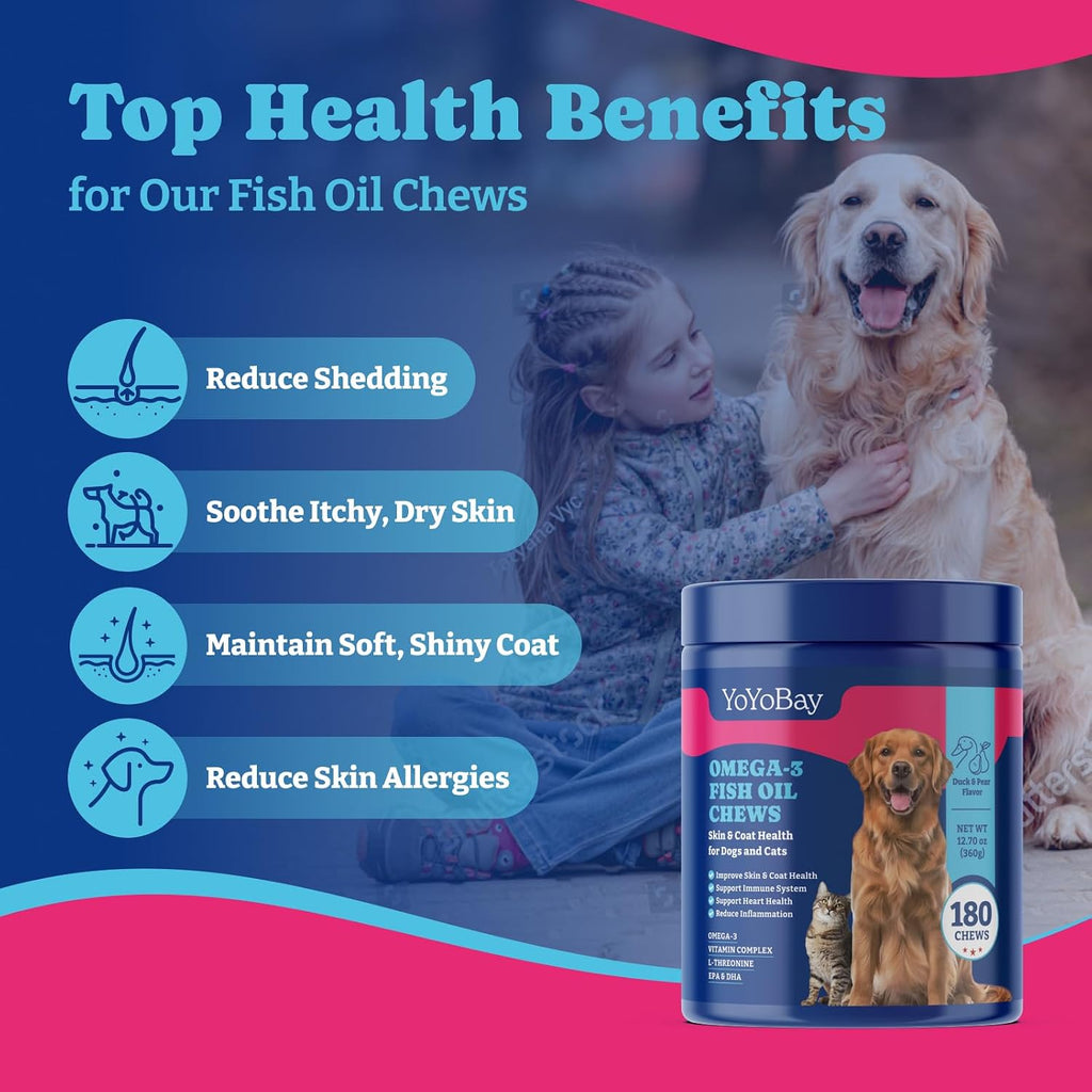 YoYoBay Masticables de Aceite de Pescado para Perros y Gatos - 180 chews blandos sabor pato y pera