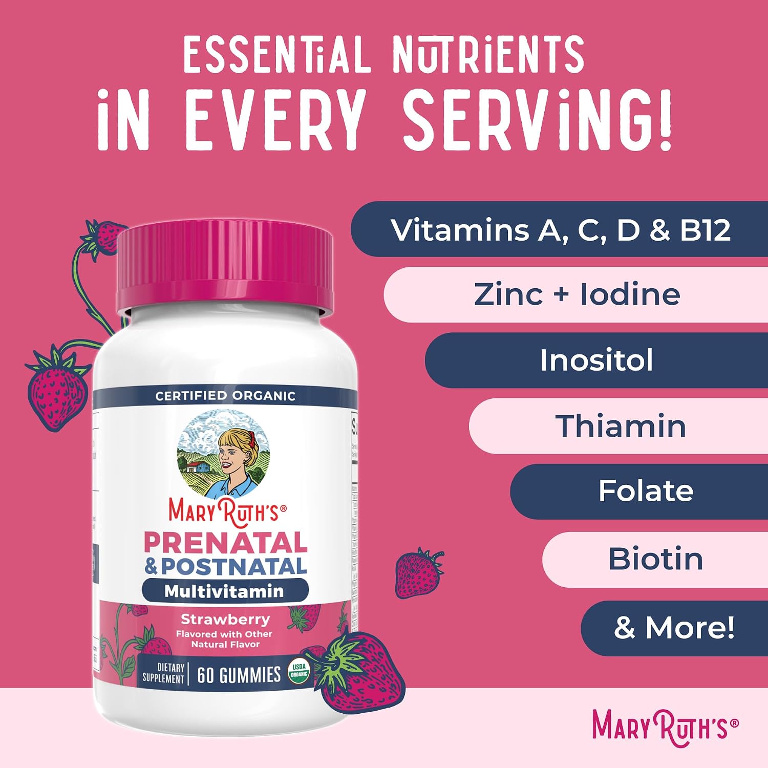 MaryRuth's Organics Vitaminas Prenatales Orgánicas - Gominolas con Metilfolato 800 mcg, Yodo, Vegano - 30 Servicios