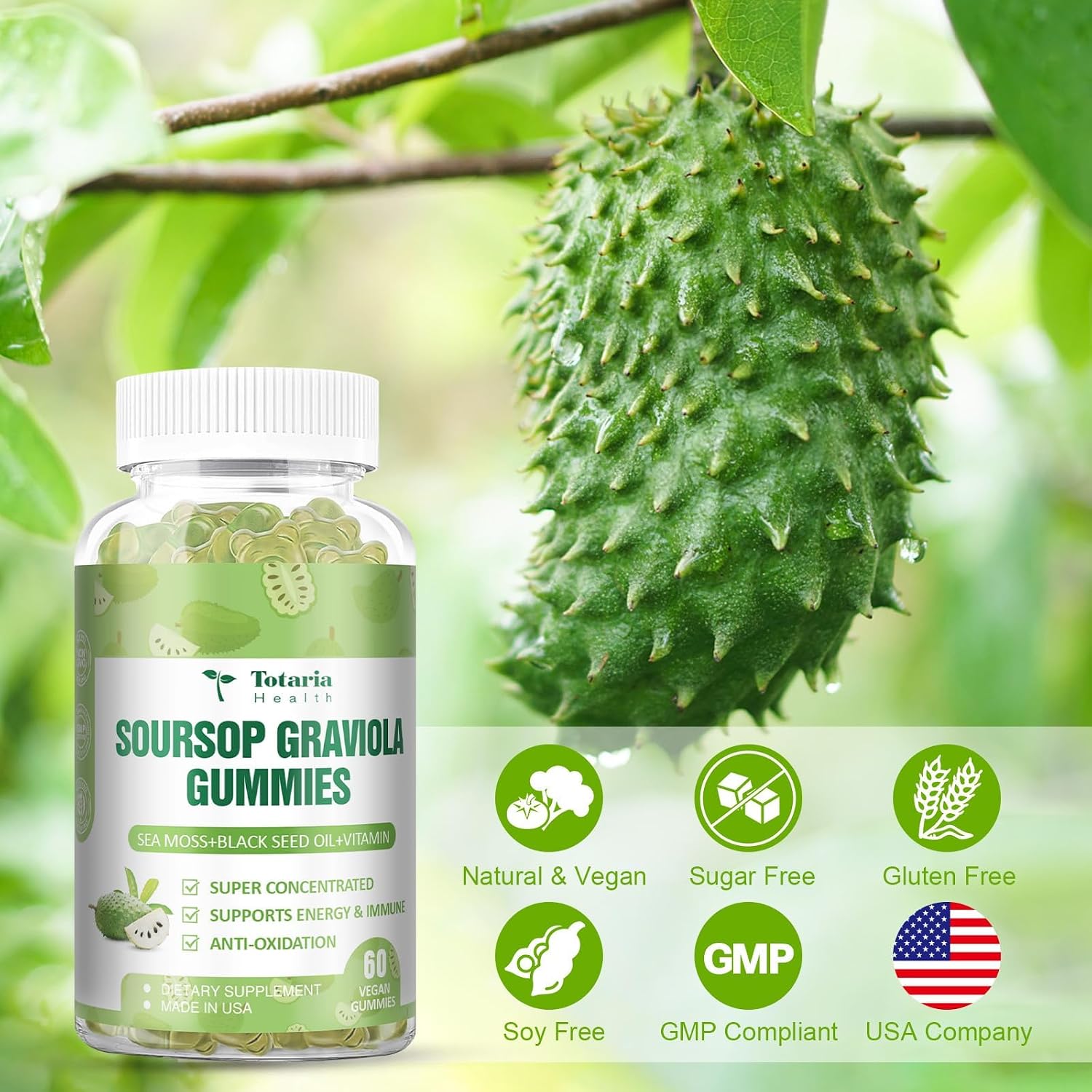 Totaria Sugar Free Soursop Oil Graviola Sea Moss Gummies - Apoyo Digestivo, Sueño, Piel, Inmunidad y Antioxidante - Guanábana con Musgo Marino, 150mg Aceite de Semilla Negra Orgánico No-OGM Vegano
