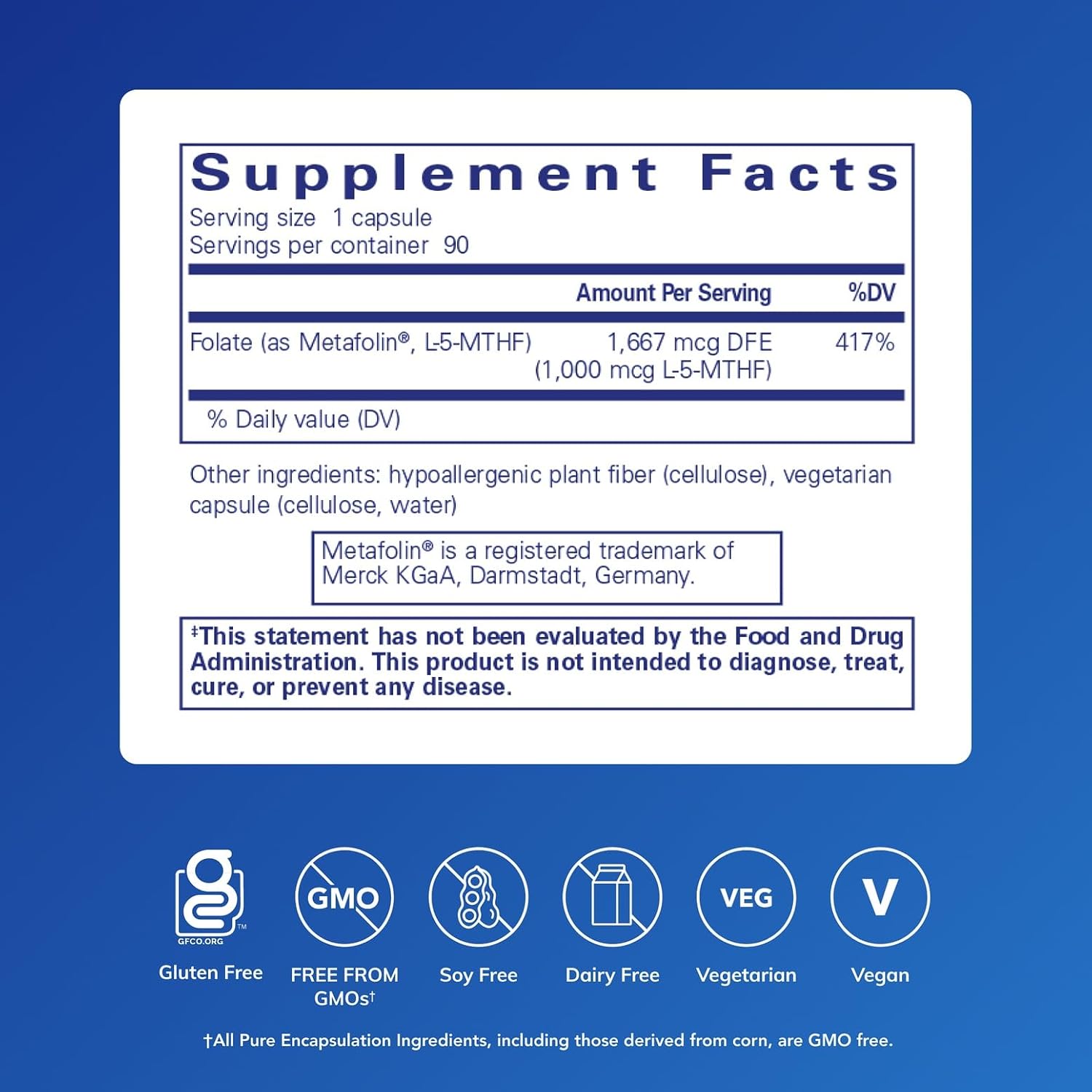 Pure Encapsulations Folate 1000 – Metafolin L-5-MTHF – Cardiovascular Support – Gluten Free – 90 Capsules