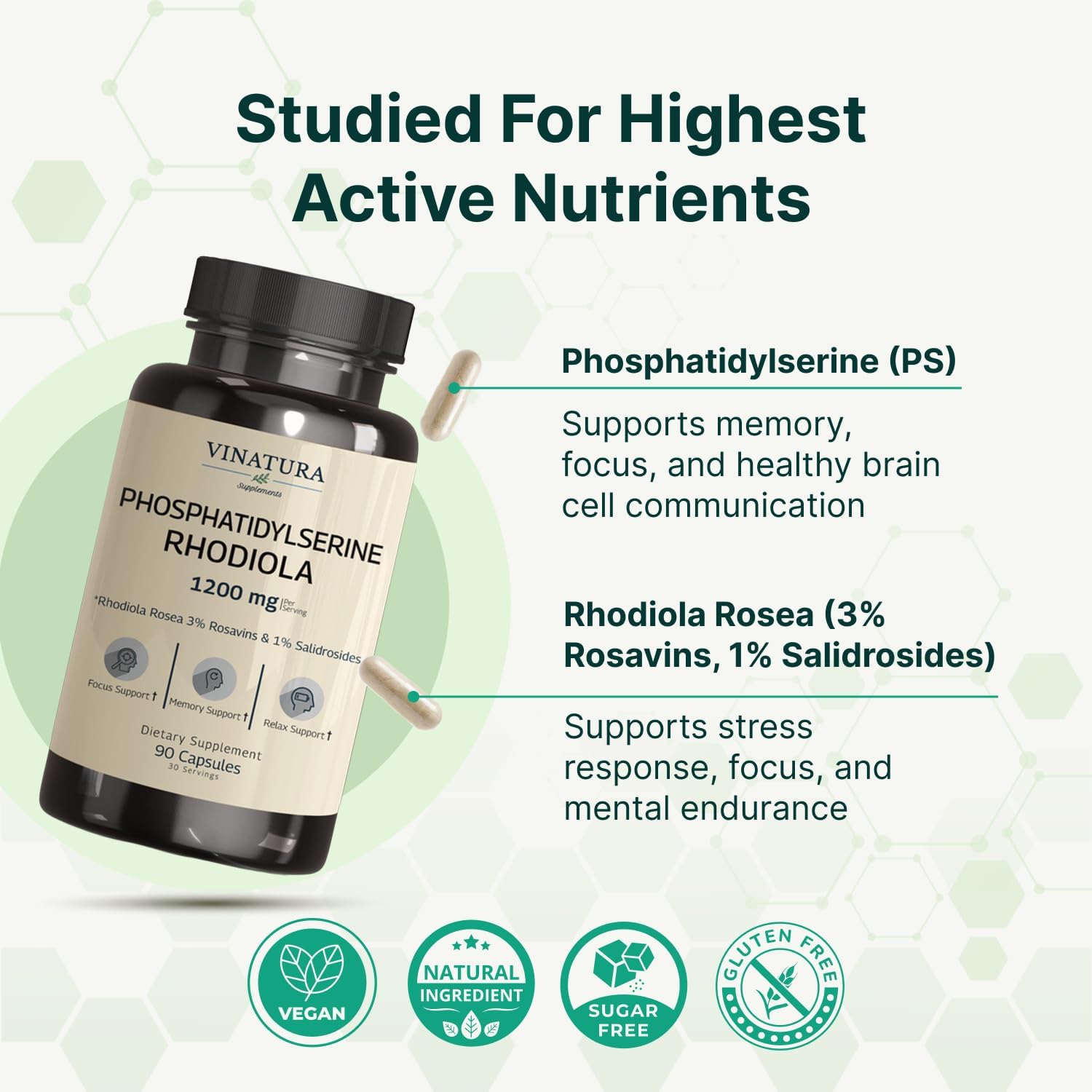VINATURA Fosfatidilserina 1200 mg con Rhodiola Rosea - 90 Cápsulas (30 dosis)