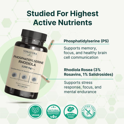 VINATURA Fosfatidilserina 1200 mg con Rhodiola Rosea - 90 Cápsulas (30 dosis) – Image 6
