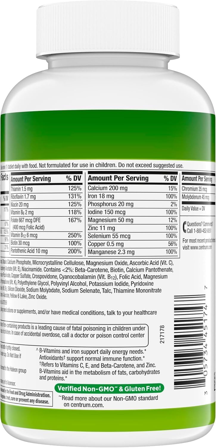 Centrum Adult Multivitamin/Multimineral with Antioxidants, Zinc, Vitamin D3 and B Vitamins, Gluten Free, Non-GMO Ingredients - 200 Tablets