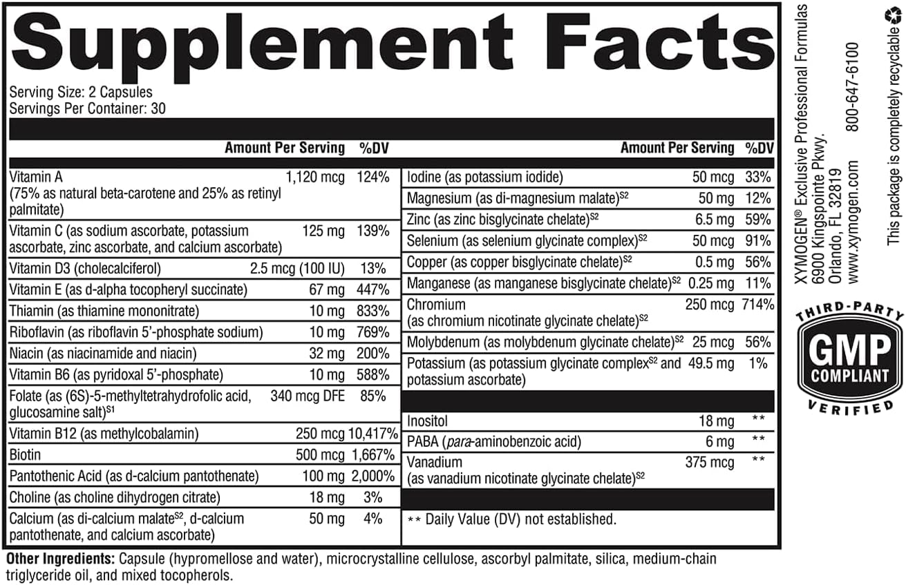 XYMOGEN ActivNutrients sin Hierro - Multivitamínico para Apoyo General, Energía e Inmunidad, 60 Cápsulas