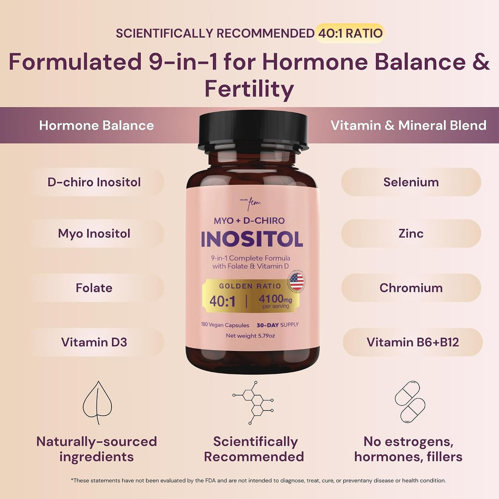 QSTA Myo-Inositol y D-Chiro Inositol 4100mg (Relación 40:1) – Complemento Nutricional para Mujeres con Folato, Vitaminas B6, B12, D3, Zinc y Cromo