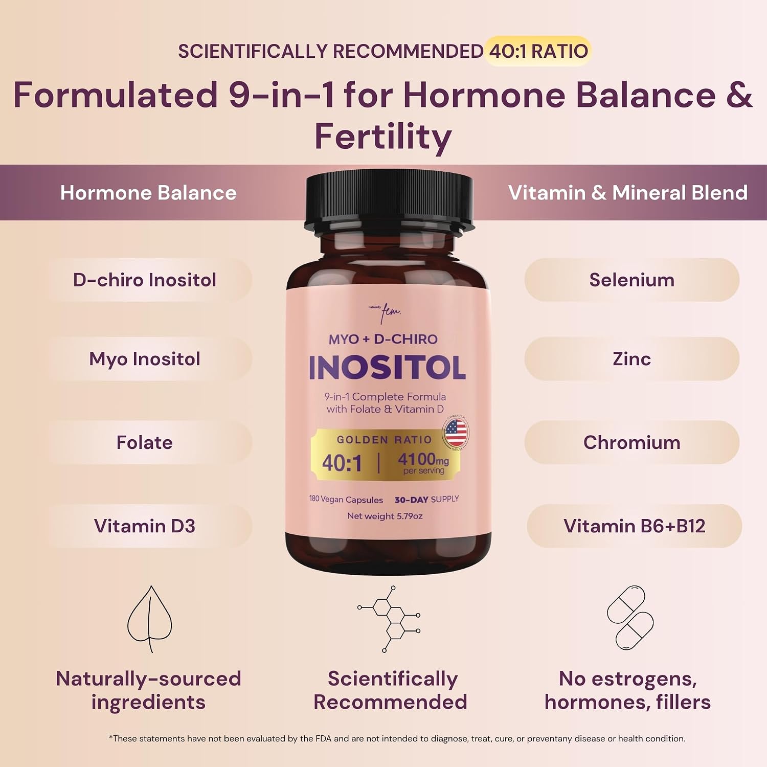QSTA Myo-Inositol y D-Chiro Inositol 4100mg (Relación 40:1) – Complemento Nutricional para Mujeres con Folato, Vitaminas B6, B12, D3, Zinc y Cromo