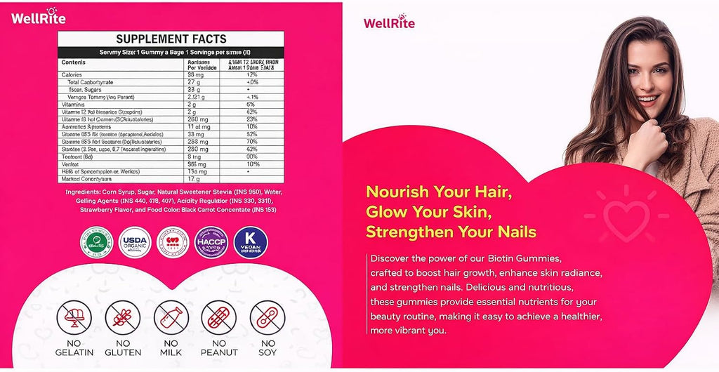 Wellrite Gominolas de Vitaminas para Cabello, Piel y Uñas, 60 unidades, Sabor Fresa, Vegano, Sin Gelatina, Sin Gluten, Sin Frutos Secos