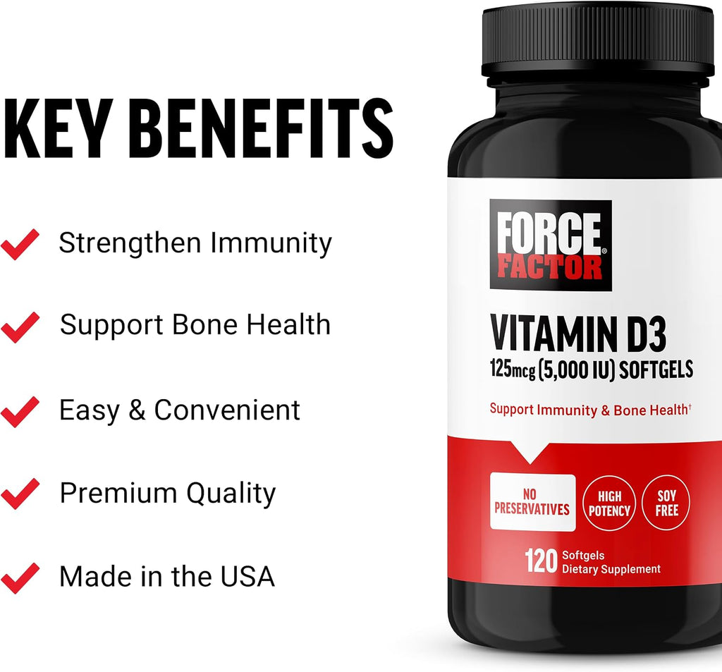 Force Factor Vitamina D3 5000 UI, 120 Cápsulas Blandas – Suplemento de Alta Potencia para Huesos e Inmunidad