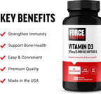 Force Factor Vitamina D3 5000 UI, 120 Cápsulas Blandas – Suplemento de Alta Potencia para Huesos e Inmunidad