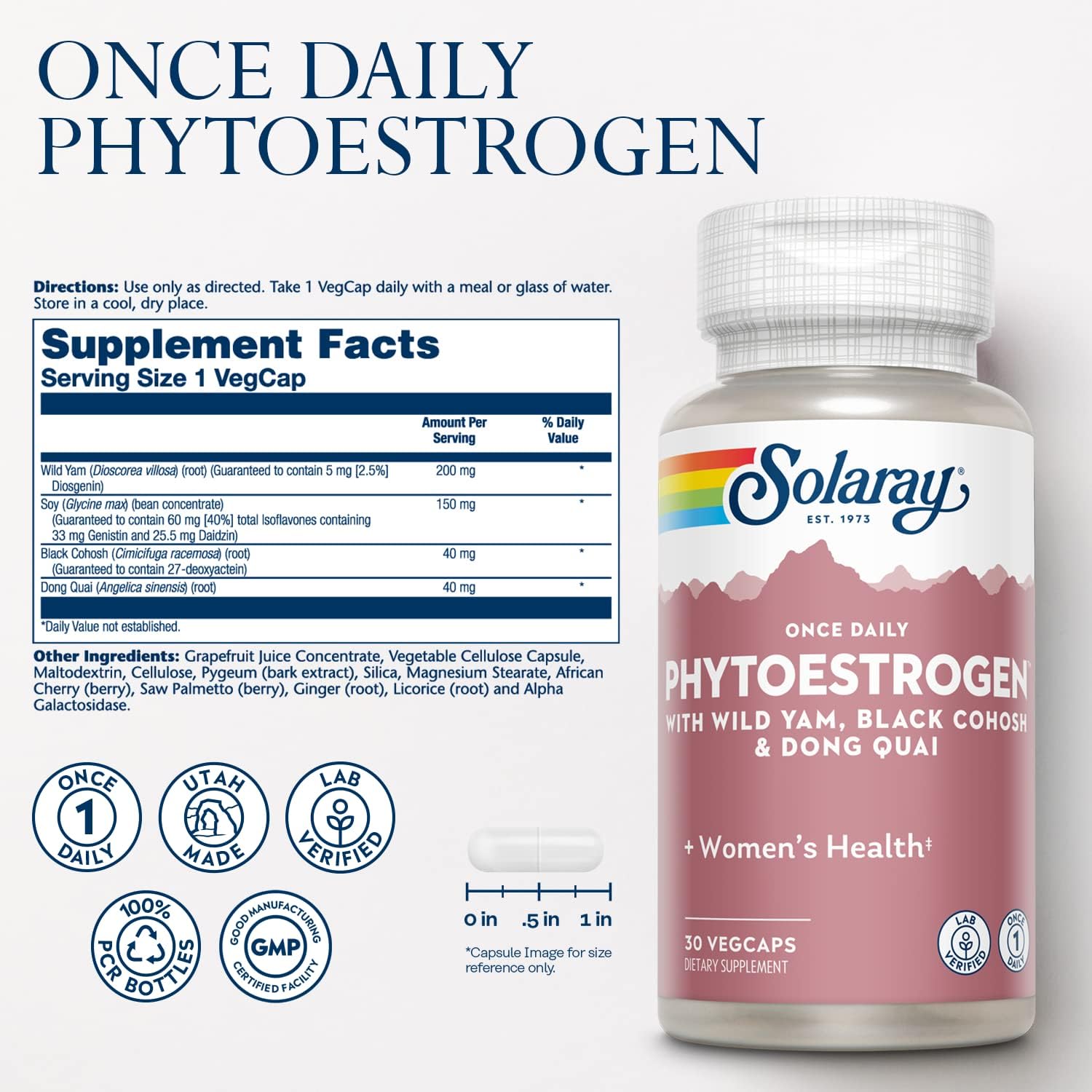 SOLARAY Fitoestrógenos Una Vez al Día - Suplemento para Mujeres con Cohosh Negro, Dong Quai, Ñame Silvestre e Isoflavonas de Soja