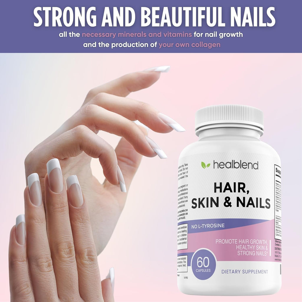 healblend Vitaminas para Cabello, Piel y Uñas para Mujeres con Biotina 5000 mcg, Hierro y Manganeso | Vegano, Sin OGM | 60 Cápsulas