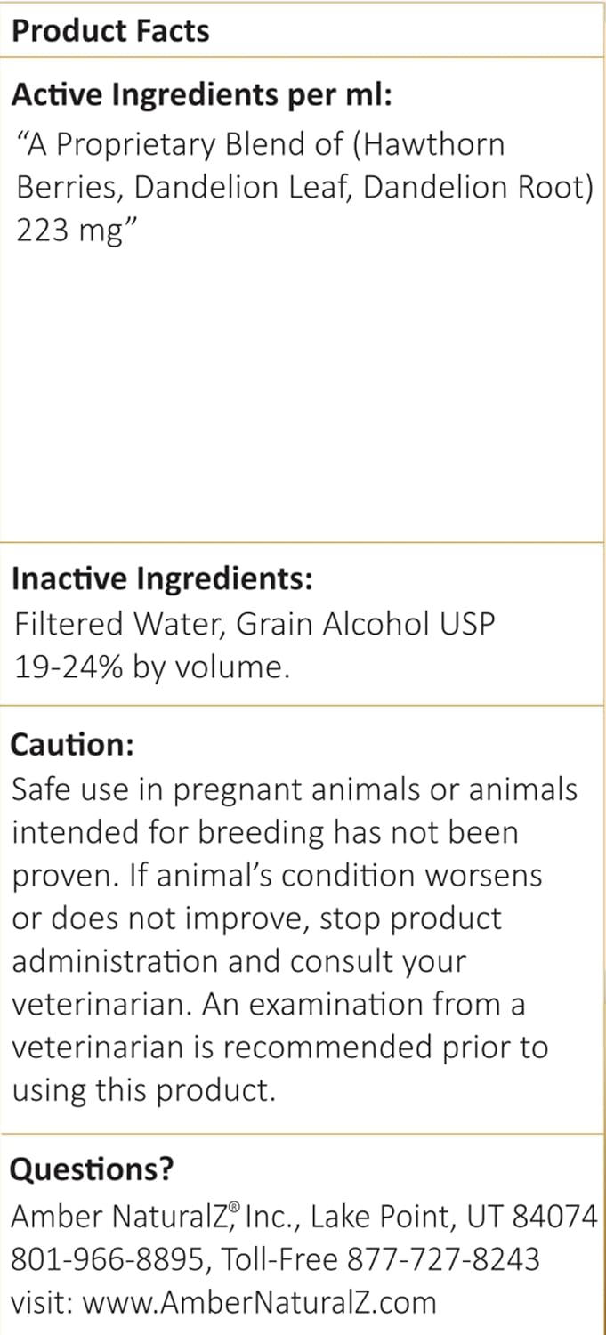 Amber NaturalZ Suplemento Herbal de Espino Blanco y Diente de León para Mascotas | Apoya la Salud Cardíaca y Circulación | 118 ml