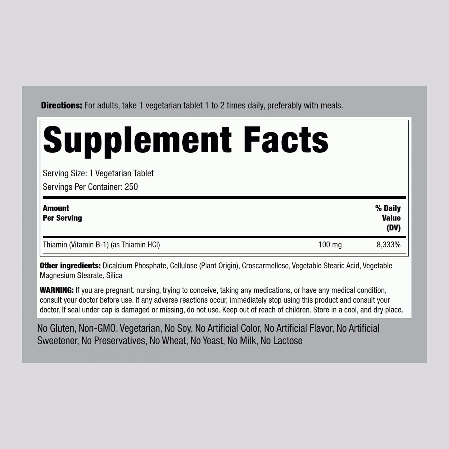 Piping Rock Vitamina B1 100mg | Tiamina | 250 Comprimidos