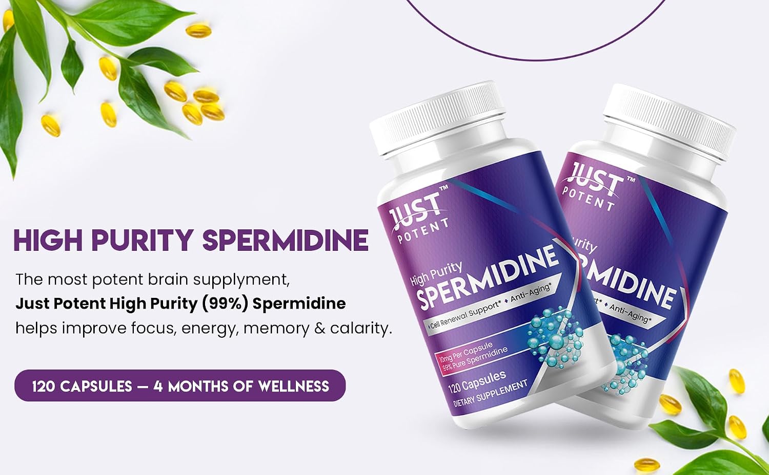Just Potent Espermidina de Alta Pureza (99%) - 120 Cápsulas, 10 mg por Cápsula