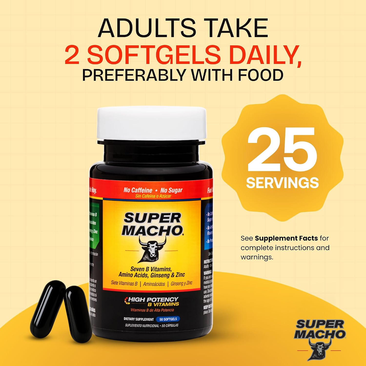Super Macho, Complejo Vitamínico B y Aminoácidos de Alta Potencia para Hombres Activos, Sin Cafeína ni Azúcar, 50 Cápsulas Blandas