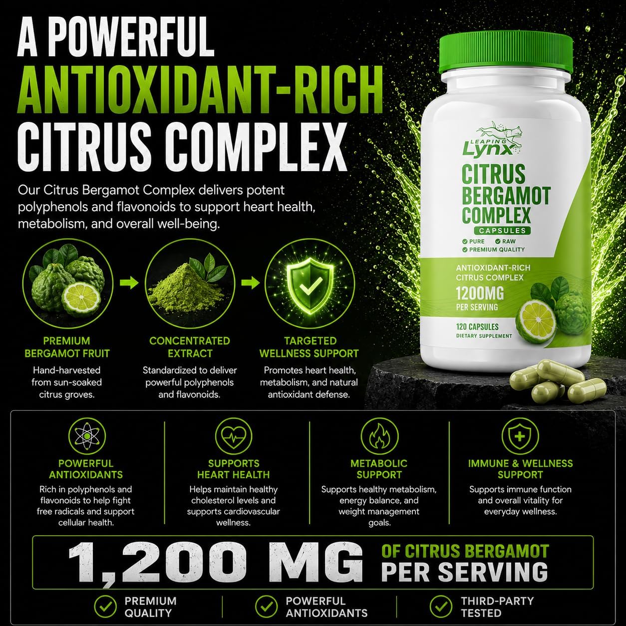Citrus Bergamot 1200 mg – Apoyo Cardiovascular y Antioxidante | 120 Cápsulas (60 Días) | No Transgénico